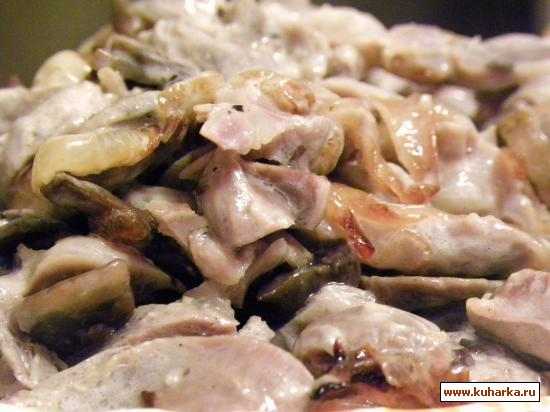 Рецепт Салат из куриных пупочков с шампиньонами
