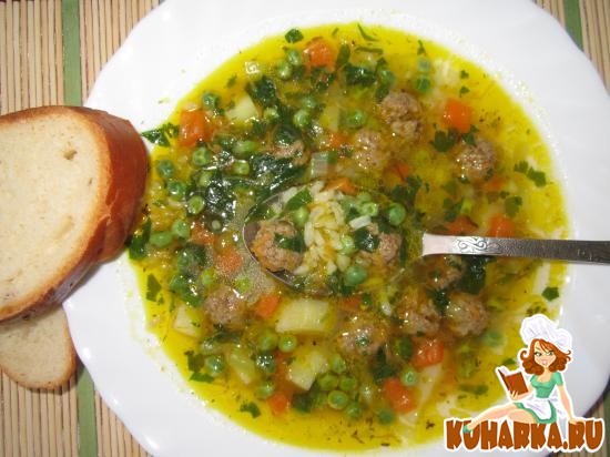 Рецепт Рисовый суп с фрикадельками и зеленым горошком.