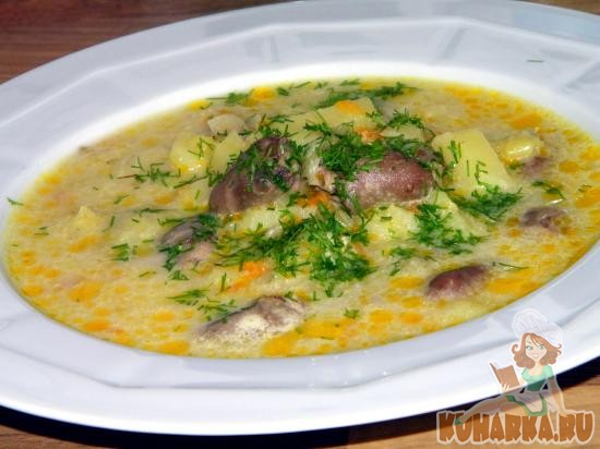 Рецепт Сырный суп с куриными сердечками